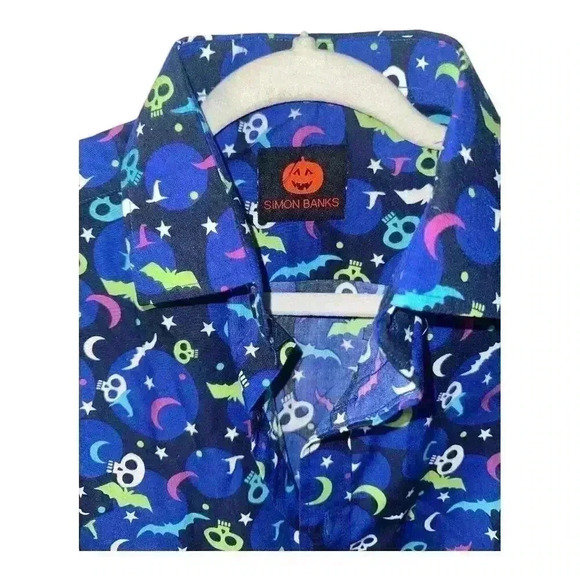 Simon Banks Mens Halloween Skulls/Bats Button Down Shirt, Sm - Picture 3 of 5